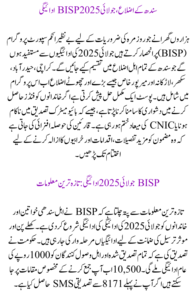 Districts of Sindh, July 2025 BISP Payment