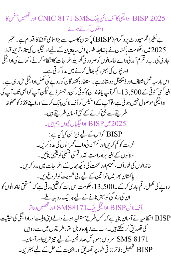 BISP 2025 Payment Offline Check Using CNIC 8171 SMS and Tehsil Office