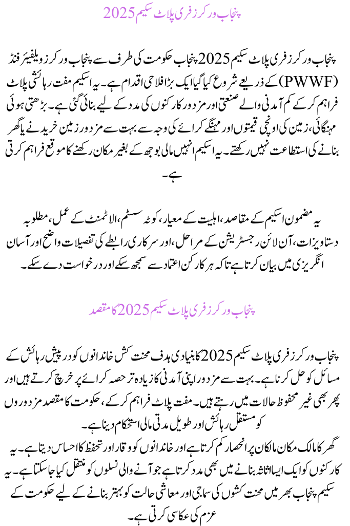Punjab Workers Free Plot Scheme 2025